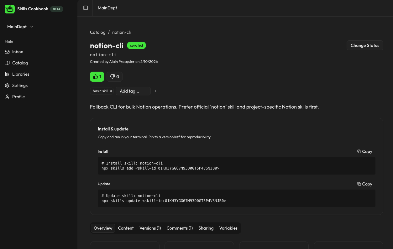 Skills Cookbook — Manage and browse your curated skills library